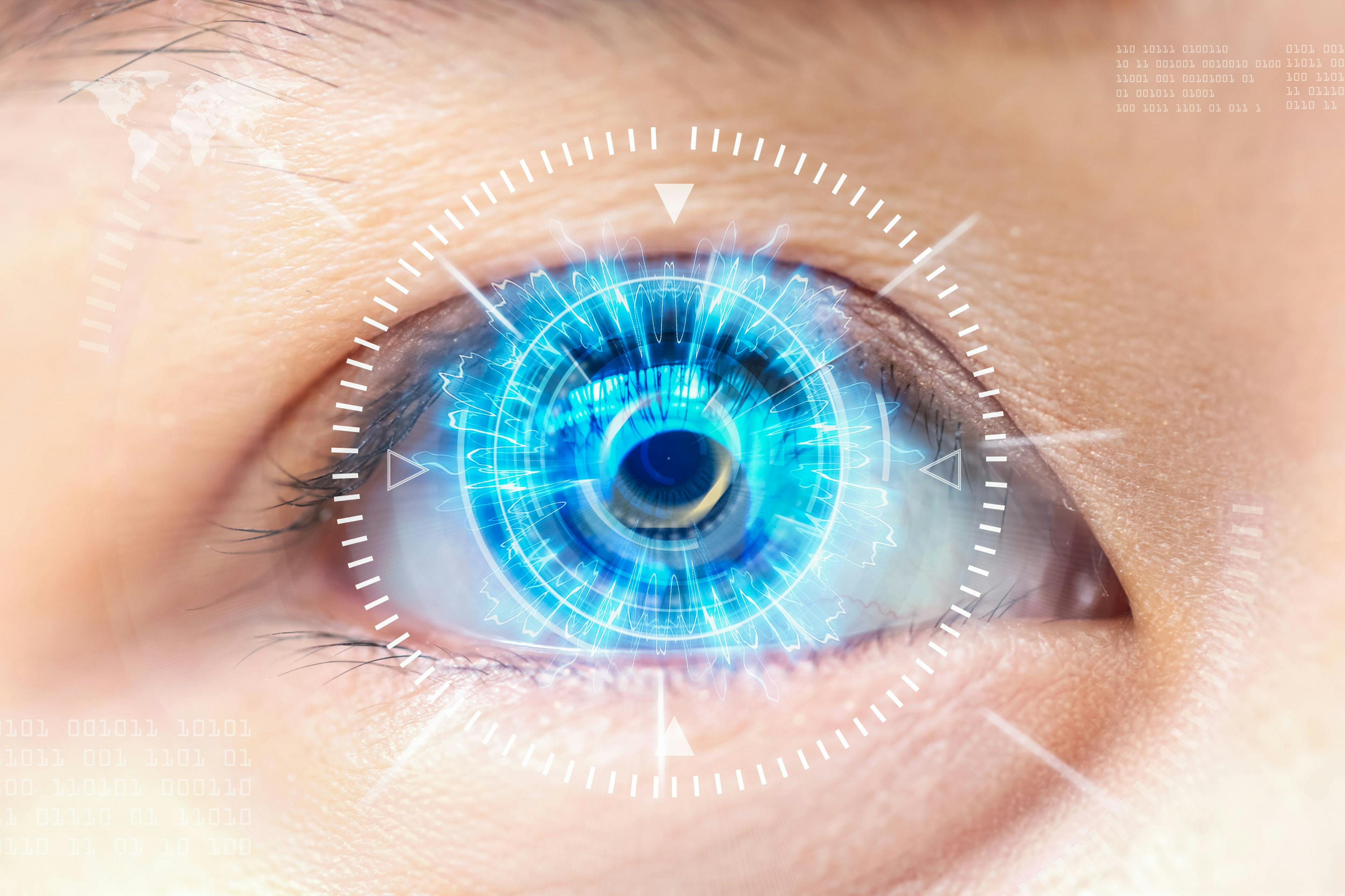 Close-up blue eye. High technology the futuristic. : cataract - jayzynism - stock.adobe.com