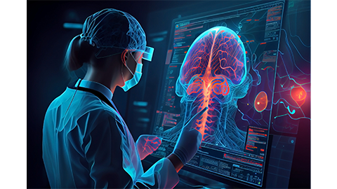 Futuristic biomedical concept of a doctor using advance holographic scanning a patient's brain neuron pathology and diagnostic scan | Image Credit: Adobe Stock Images/karunyapas